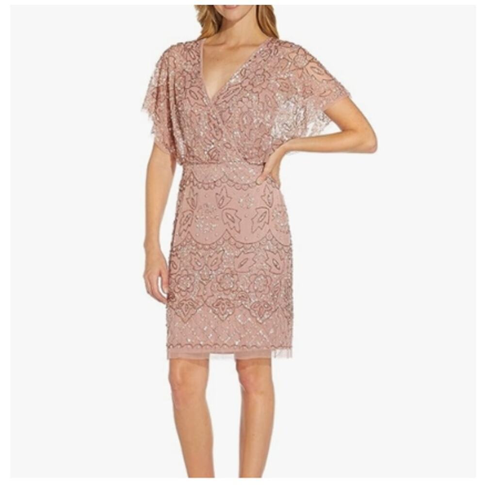Adrianna Papell Women's Candiedgin Beaded V-Neck Mesh Blouson Dress Size 16